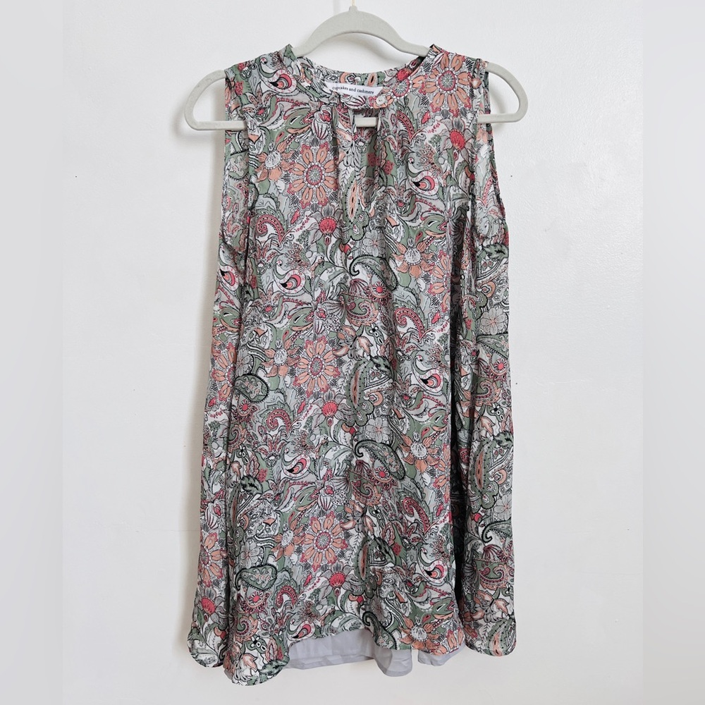 NWOT Cupcakes Cashmere Paisley Floral Sleeveless Dress Tunic Size XS Pink Olive